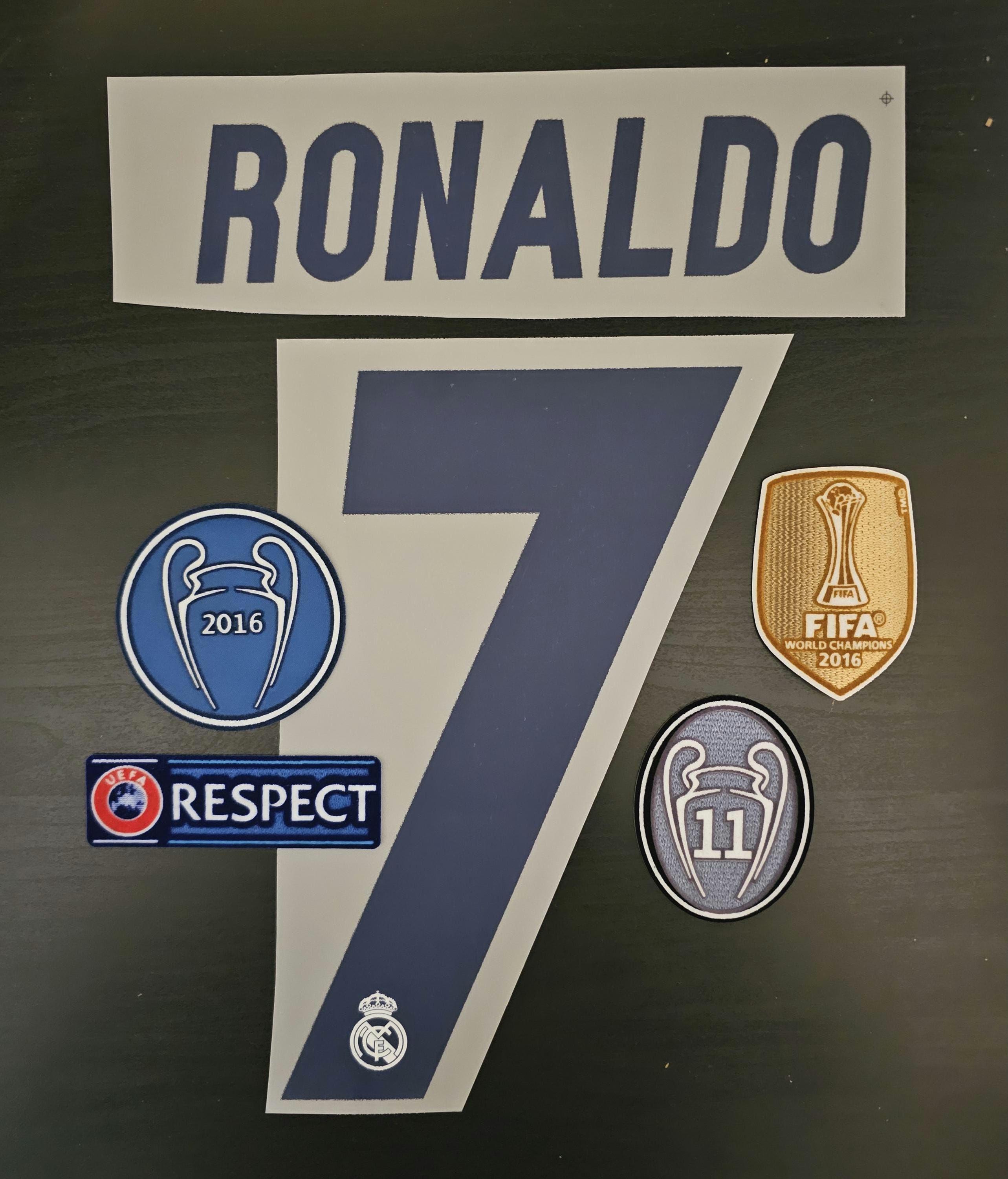 Set di nomi e toppe Ronaldo n. 7 Finale di Champions League 2016-2017 Real Madrid Football Heat Transfer Badge