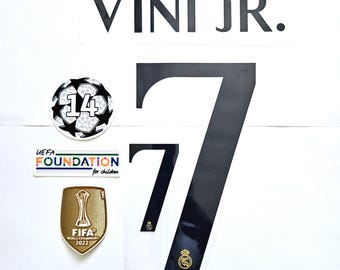 Vini Jr. Vinicius Junior #7 Set di nomi e toppe per casa e trasferta Champions League Real Madrid Heat Transfer 2023-2024