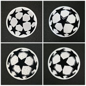 May include: Four close-up images of a black and white football badge with a star design. The badge is on a black fabric background.