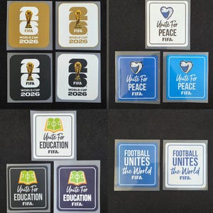 May include: A collection of square stickers featuring FIFA World Cup 2026 branding, Unite For Peace, Unite For Education, and Football Unites the World designs. The stickers are displayed in various color combinations including gold, black, white, and blue.
