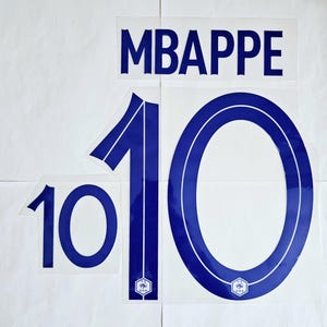 May include: Blue and white heat transfer vinyl for sports jerseys. Includes the name "MBAPPE" and the number "10" in various sizes. Features the French Football Federation logo.