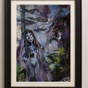 May include: A framed painting depicting a blue-skinned character with long dark hair, wearing a tattered white dress and a floral crown. The background features dark purple and blue tones with stylized clouds, set within a black frame with gold trim.