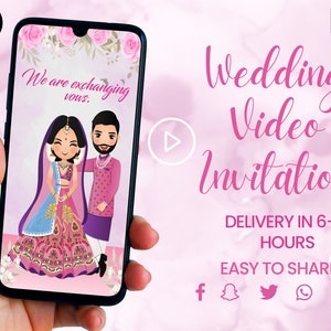 Roze pastel bruiloft video uitnodigen, Indiase bruiloft video uitnodiging, hindoe bruiloft uitnodiging, opslaan van de datum thema karikatuur, Floral Evite