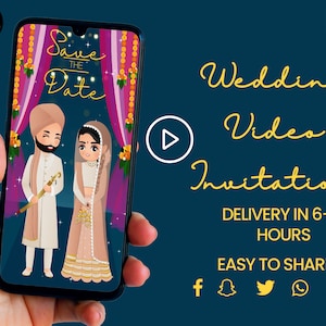 Carte vidéo de mariage indien, invitation vidéo de mariage indien, invitation hindoue et invitation de mariage hindou, Caricature sur le thème Save The Date