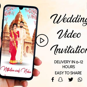 Convite de casamento do sul da Índia, cartões de casamento indianos, convite de casamento indiano, convite de vídeo, vídeo de reserva de data, convite de caricatura