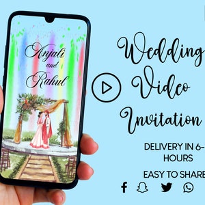 Convite de vídeo de casamento com fogos de artifício coloridos, cartões de casamento indianos, convite de vídeo, vídeo para salvar a data, convite de caricatura