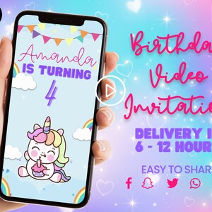 Unicorn Birthday Invitation Video, Kids Cute Birthday Digital Invitation, Personalised Unicorn Theme Animated Invitation