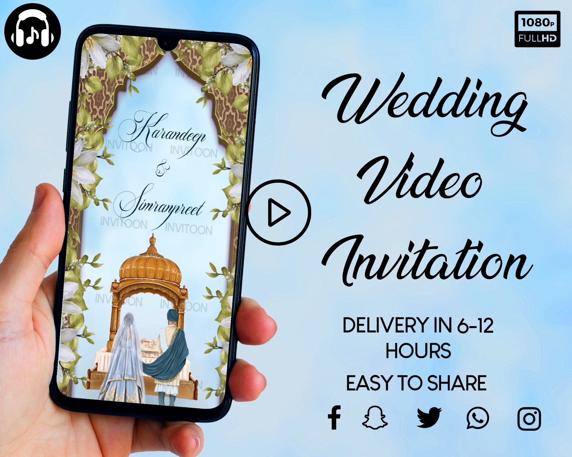 Sikh Wedding Video Invite, Indian Wedding Video Invitation, Digital Wedding Invitation, Save The Date Card, Floral Evite