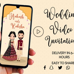 Convite de casamento hindu, cartões de casamento indianos, convite temático real indiano, convite de vídeo, vídeo para salvar a data, convite de caricatura