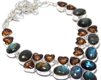Labradorite With Smokey Quartz Necklace, Gemstone Necklace, Chain Necklace,  925 Silver Plated  Jewelry, Wedding Anniversary Gift,