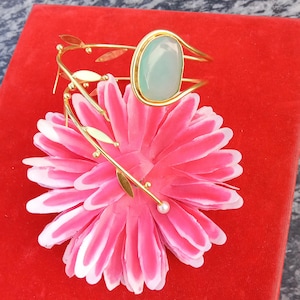Chalcedony  Bracelet, Adjustable Leaf Cuff, Gold Double Branch Bracelet, Open Leaf Bangle, Antique Silver Cuff, Bohemian Jewelry