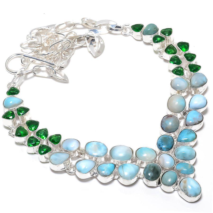Larimar Peridot Necklace, Gemstone Necklace, Green Chain Necklace, 925 Silver Plated Jewelry, Wedding Anniversary Gift,