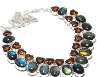 Labradorite With Smokey Quartz Necklace, Gemstone Necklace, Green Chain Necklace,  925 Silver Plated  Jewelry, Wedding Anniversary Gift,