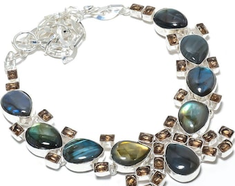 Labradorite With Smokey Quartz Necklace, Gemstone Necklace, Chain Necklace,  925 Silver Plated  Jewelry, Wedding Anniversary Gift,