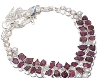 Pearl With Rough Ruby Necklace, Gemstone Necklace, Green Chain Necklace,  925 Silver Plated  Jewelry, Wedding Anniversary Gift,