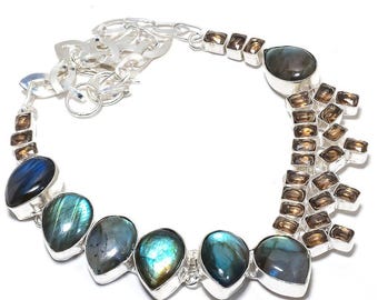 Labradorite With Smokey Quartz Necklace, Gemstone Necklace, Chain Necklace,  925 Silver Plated  Jewelry, Wedding Anniversary Gift,