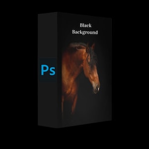 May include: A brown horse with a black mane and tail is photographed against a black background. The image is labeled "Black Background" and has a Photoshop logo in the lower left corner.