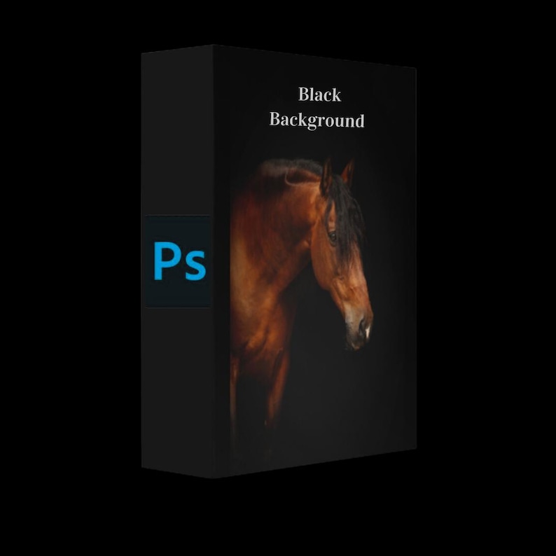 May include: A brown horse with a black mane and tail is photographed against a black background. The image is labelled "Black Background" and has a Photoshop logo in the bottom left corner.
