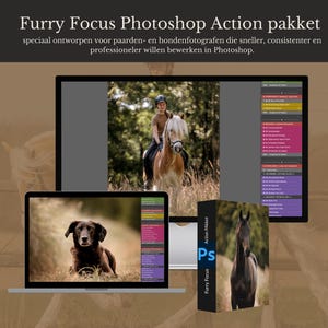 Op de afbeelding: Een digitaal productpakket getiteld "Furry Focus Photoshop Action pakket" wordt weergegeven op een laptop, computermonitor en productdoos. Het pakket is ontworpen voor paarden- en hondenfotografen om foto's sneller te bewerken.