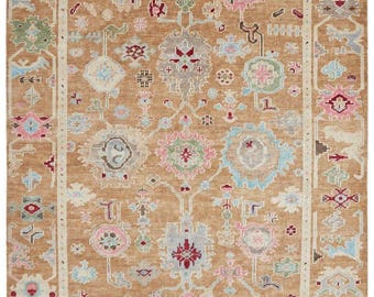 8x10 Hand Knotted Oushak Rug, Muted Gold Pastel Wool Area Rug, Vintage Turkish Style Large Carpet for Living Room Bedroom Dining Room Decor