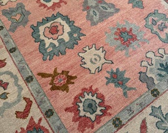 8x10 Oushak Rug, Hand Knotted Pink Turkish Area Rug for Living Room, 9x12 Wool Rug, Pastel Vintage Rug, Cute Aesthetic Bedroom Rug.12x15.9x9