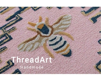 Alfombra de abeja tejida a mano de 10x14, alfombra de lana rosa pastel y dorada, alfombra grande para guardería o dormitorio, decoración de animales caprichosos, 9x12, 6x9