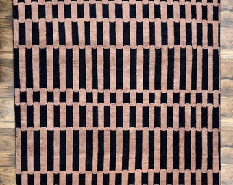 8x10 9x12 手織りウシャク絨毯、大型エリアラグ、リビングルーム、寝室の装飾用モダンブラック＆ブラッシュピンクのウールカーペット、カスタムサイズラグ