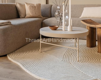 Hand-Tufted Wool Area Rug: Irregular White High-Low Pile