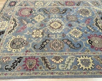 8x10 Oushak Rug, Hand Knotted Blue Wool Area Rug, Large Vintage Floral Rug For Living Room Bedroom, Traditional Turkish Home Decor Rug.8x11
