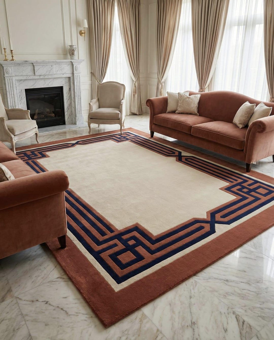 12x12.handmade Tufted Wool Rug - Terracotta and Cream Geometric Border ...