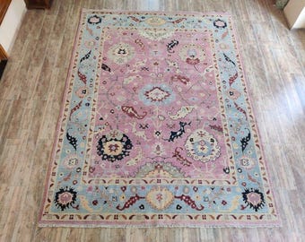 8x10 Pink Oushak Rug, Hand Knotted Wool Area Rug for Living Room, Pastel Floral Vintage Turkish Rug Accent, Soft Large Bedroom Rug.9x12.8x10