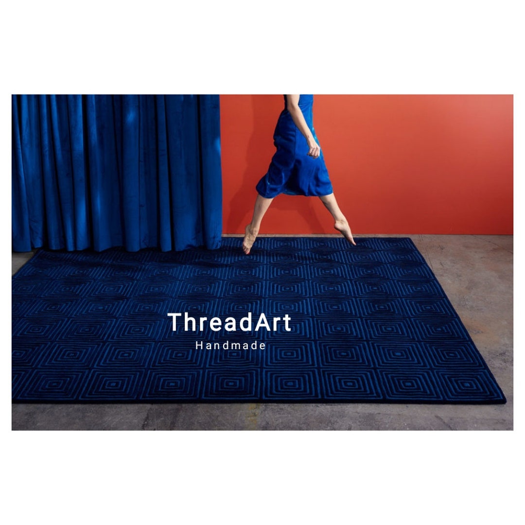 Navy Blue Geometric Tufted Rug, Handmade Wool Area Rug for Living Room ...