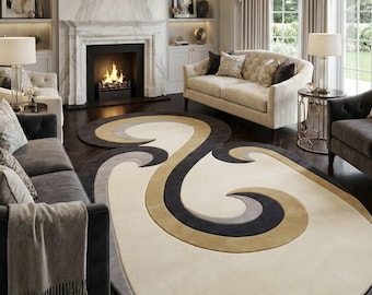 Alfombra de lana tejida a mano a medida de 5x8, alfombra moderna abstracta con diseño de remolinos para sala de estar de lujo, alfombra grande de arte esculpido en 3D en beige y gris, 7x10, 7x11