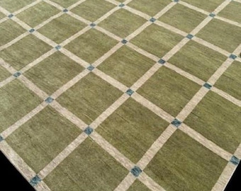 8x10 9x12 Hand Knotted Oushak Rug Olive Sage Green Checkered Wool Area Rug Modern Plaid Carpet for Living Room Bedroom Aesthetic Home Decor
