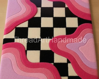 Alfombra de lana a cuadros hecha a mano: arte ondulado retro rosa