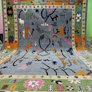 9x12 Sky Blue Green Oushak Made To Order (In Any Size!!!!) Geometric Knotted Moder Oushak Rug/Large Area Rug For Living Room Bedroom 8x10