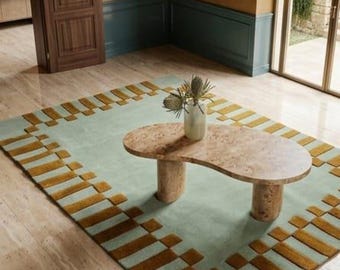 Alfombra grande de 8x10, alfombra afelpada verde salvia, alfombra moderna de lana para sala de estar, alfombra personalizada de 9x12, decoración ocre dorado, alfombra suave bohemia para dormitorio de 5x8