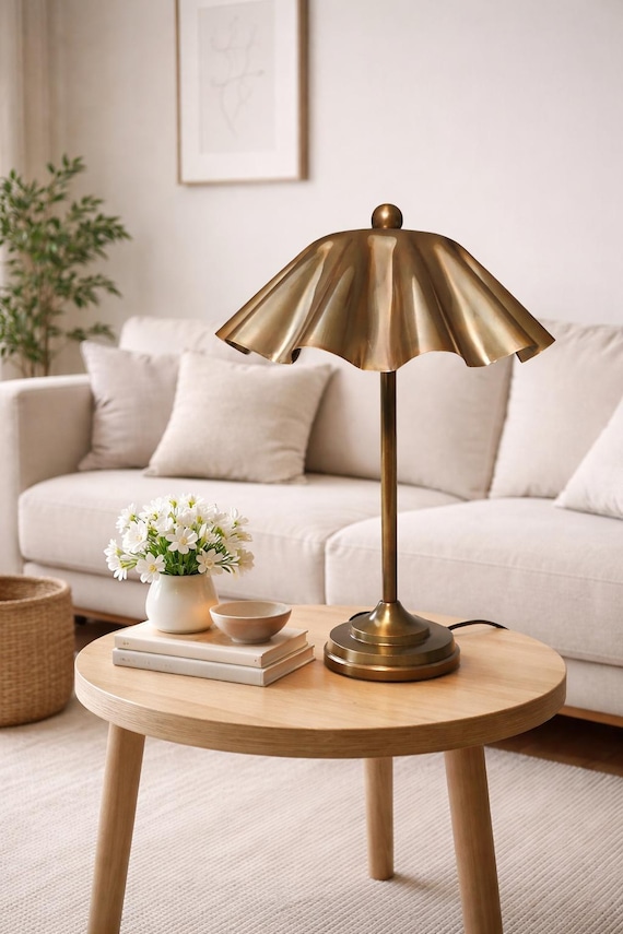 Vintage Brass Table Lamp with Pleated Shade Mid Century Modern Bedside Light Retro Brass Desk Lamp for Bedroom or Living Room Decor Gift