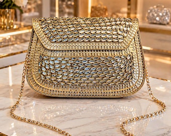 Gold Kundan Clutch Tasche Braut Handgefertigte Abendtasche Hochzeit Luxus Ethnische Party Clutch Geburtstagsgeschenk Designer Tasche Geschenk für Sie