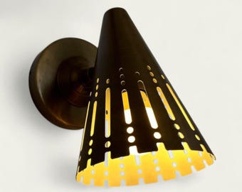 Mid Century Modern Wall Sconce Light Brass Cone Shade Wall Lamp Vintage Style Perforated Light Fixture Bedroom Hallway Bathroom Lighting