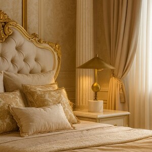 K&ouml;nnte beinhalten: Ein luxuri&ouml;ses Schlafzimmer mit einem Bett mit getuftetem Kopfteil und dekorativen Kissen. Eine goldfarbene Lampe steht auf einem Nachttisch. Der Raum hat eine warme, einladende Farbpalette mit Gold- und Cremet&ouml;nen.