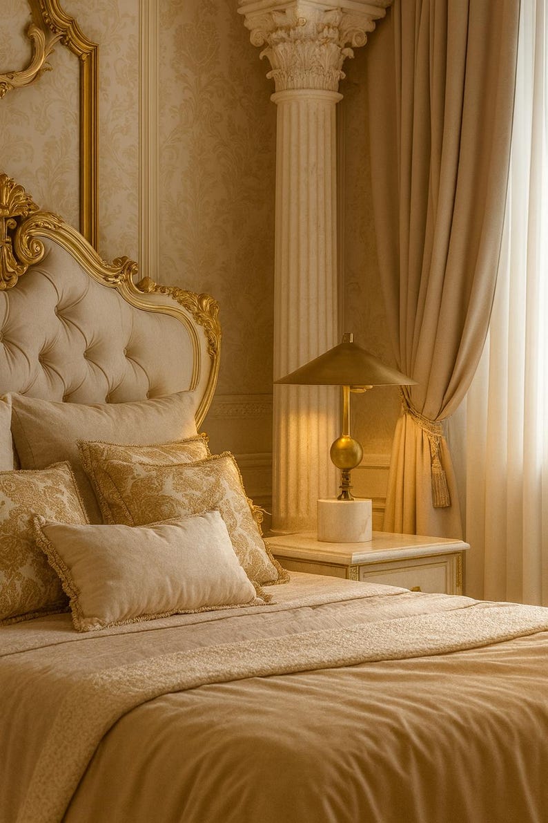 K&ouml;nnte beinhalten: Ein luxuri&ouml;ses Schlafzimmer mit einem Bett mit getuftetem Kopfteil und dekorativen Kissen. Eine goldfarbene Lampe steht auf einem Nachttisch. Der Raum hat eine warme, einladende Farbpalette mit Gold- und Cremet&ouml;nen.