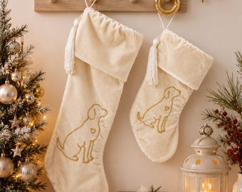 犬用クリスマスストッキング アイボリーベルベット ペット用クリスマスストッキング ハンドメイド カスタム犬用ストッキング 高級刺繍入りホリデーマントルデコレーション ギフトホルダー