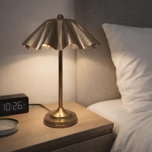 Vintage Brass Table Lamp with Pleated Shade Mid Century Modern Bedside Light Retro Brass Desk Lamp for Bedroom or Living Room Decor Gift image 5