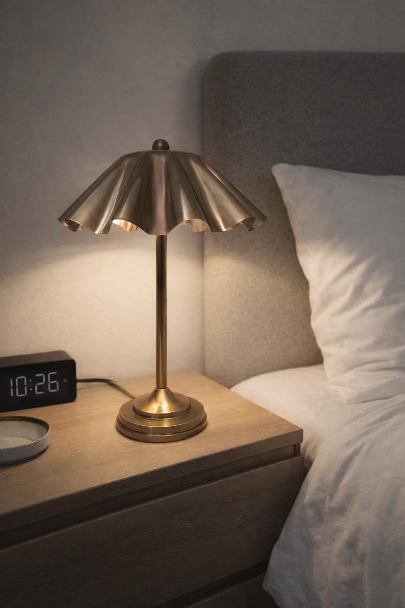 Vintage Brass Table Lamp with Pleated Shade Mid Century Modern Bedside Light Retro Brass Desk Lamp for Bedroom or Living Room Decor Gift image 5