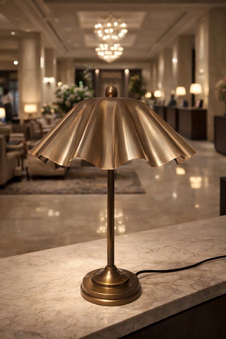 Vintage Brass Table Lamp with Pleated Shade Mid Century Modern Bedside Light Retro Brass Desk Lamp for Bedroom or Living Room Decor Gift image 2