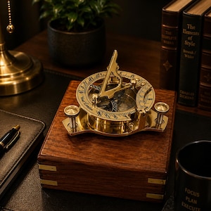 May include: A brass sundial compass with a folding gnomon and engraved markings, including the text "West London," mounted on a polished dark wood box with brass corner accents. The instrument features a circular dial with Roman numerals.