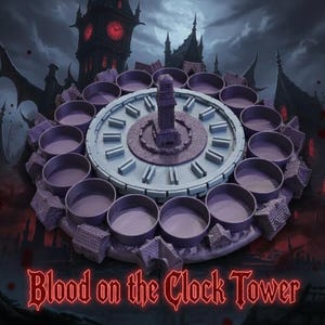 Puede incluir: Un tablero de juego morado y gris con un diseño de esfera de reloj, con el texto "Blood on the Clock Tower". El tablero tiene compartimentos circulares alrededor de la esfera del reloj, sobre un fondo oscuro y gótico.