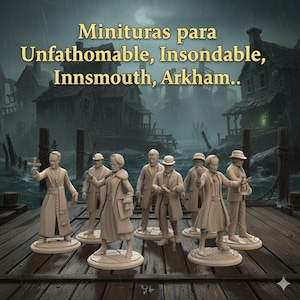 Könnte beinhalten: Eine Sammlung beigefarbener Miniaturfiguren von Personen, die auf kreisförmigen Sockeln stehen. Die Figuren sind in historischer Kleidung gekleidet, einige halten Gegenstände wie ein Kreuz oder ein Buch. Der Hintergrund zeigt eine dunkle, stürmische Szene mit Gebäuden und Wasser, und der Text lautet "Minituras para Unfathomable, Insondable, Innsmouth, Arkham.."
