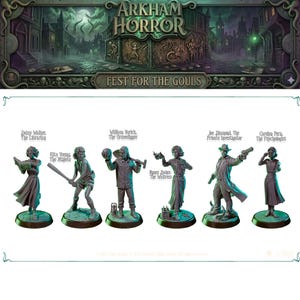 Peut inclure: Ensemble de figurines du jeu Arkham Horror. L'ensemble comprend Daisy Walker, Rita Young, William Yorick, Agnes Baker, Joe Diamond et Carolyn Fern. Le titre du jeu et "Fest for the Ghouls" sont affichés en haut.